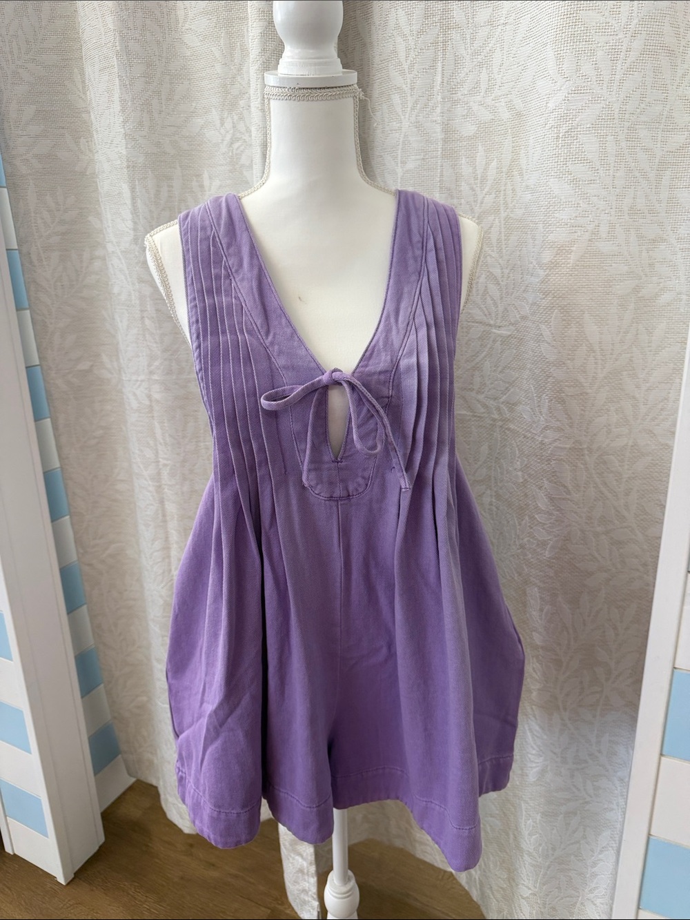 Lavender Denim Tie-Front Sleeveless Womens Romper